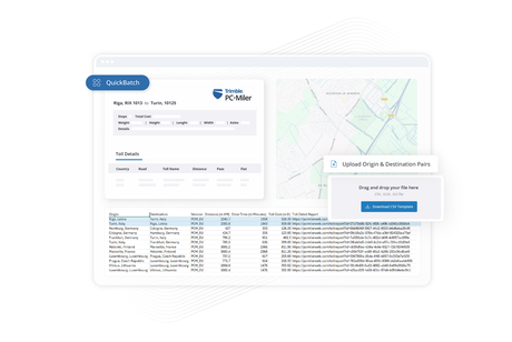 QuickBatch by Trimble PC*Miler showing toll reports, route maps and batch lane calculations