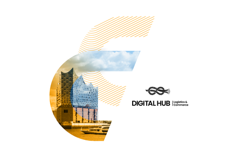 Stilisierte Grafik des Buchstabens 'C' mit der Hamburger Elbphilharmonie und dem Digital Hub Logistics & Commerce Logo auf weißem Grund.