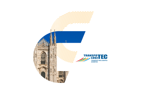 Elemento grafico con un ritaglio del Duomo di Milano all'interno di una forma a linee blu e arancioni, posizionato accanto al logo della fiera Transpotec Logitec.