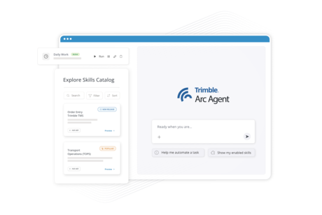 Trimble Arc Agent Explore Skills Catalog beside a chat box with Show my enabled skills option