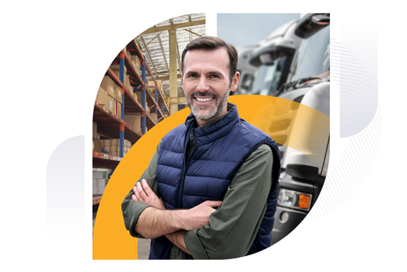 A smiling logistics worker with crossed arms stands before a collage showing warehouse shelves on the left and a white semi-truck on the right.