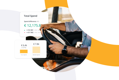Truck driver's hands on wheel beside Transporeon Total Spend and market price comparison cards