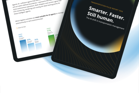 Eine Grafik zeigt zwei digitale Tablets; eines zeigt Statistiken über KI-Agenten in der Logistik, das andere das Cover des Berichts mit dem Titel „Smarter. Faster. Still human. The AI shift in transportation management“.