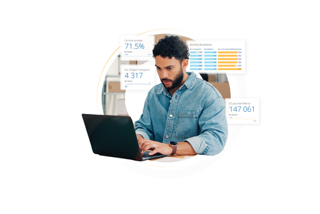 Professional using laptop with Network Insights shipper reporting analytics overlay.