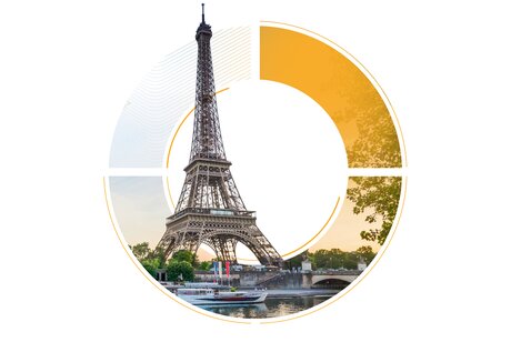 Tour Eiffel à Paris cadrée dans un cercle orange pour la table ronde Transporeon sur le déploiement TMS.