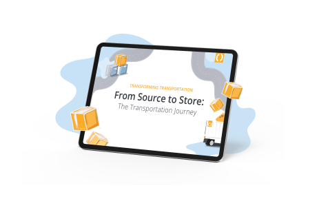 A tablet displays an illustration titled "From Source to Store," featuring a winding road with cargo boxes and a truck representing the transportation journey.