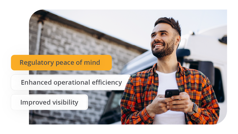 A person holding a phone with text overlays detailing eCMR benefits: regulatory peace of mind and operational efficiency.