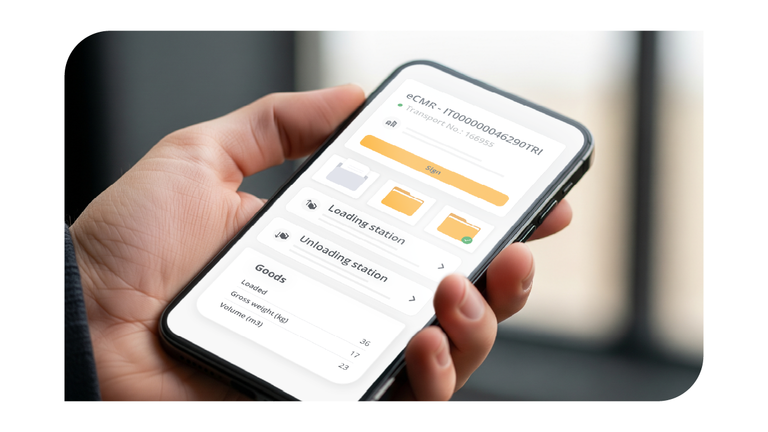 Smartphone displaying the Transporeon eCMR app interface with shipment loading, unloading, and cargo weight details.
