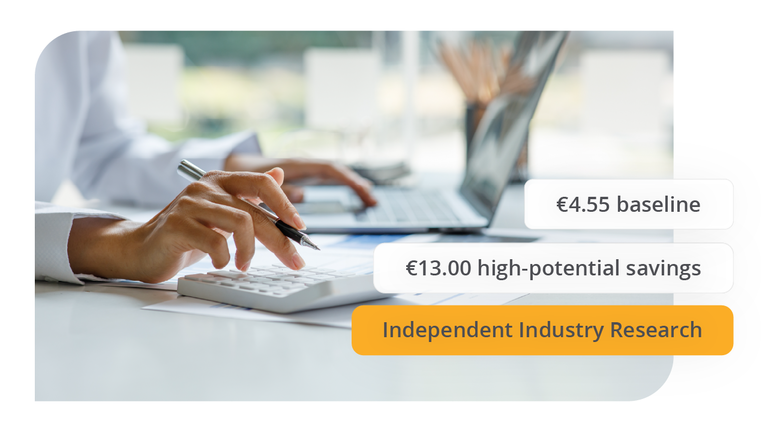 Close-up of someone using a calculator to determine eCMR savings, showing a baseline of €4.55 and potential savings of €13.00.