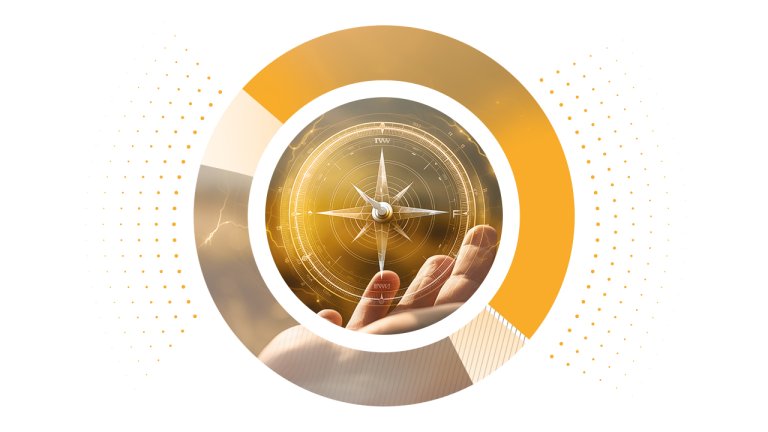 A hand holding a glowing compass against a stormy sea with lightning, representing guidance and strategic direction during freight disruptions.