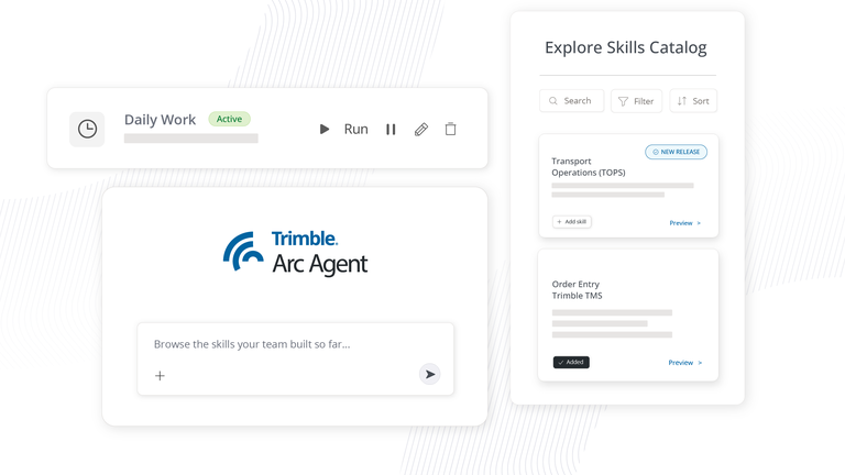 Trimble Arc Agent interface showing daily work automation and skills catalog for transport operations.