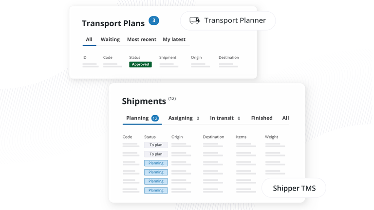 Transport Planner and Shipper TMS dashboards showing approved transport plans and shipment planning status.