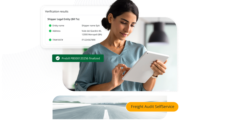 Freight Audit SelfService dashboard showing shipper legal entity verification and finalized prebill status.