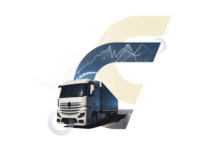 A white semi-truck on a road, integrated with a blue line graph and yellow geometric patterns inside a large stylized letter.