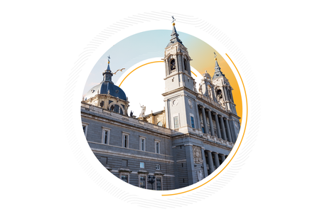Almudena Cathedral facade and towers in Madrid, centered inside a decorative circular graphic for the Spain digital forum.