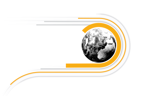 Earth with buildings, surrounded by curved blue and orange lines on a white gradient background, representing global connectivity.