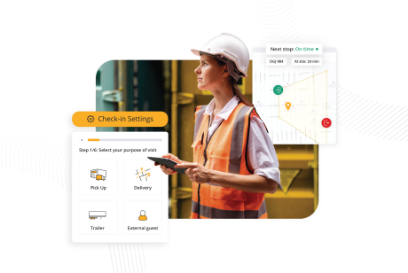 Woman with a tablet in a warehouse surrounded by yard optimisation interface items