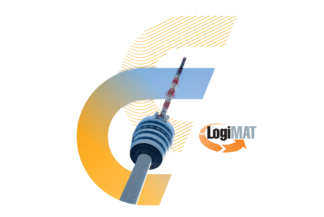 Ein Stuttgarter Fernsehturm-Motiv vor blauem Himmel, integriert in ein stilisiertes, geschwungenes Grafik-Design in Gelb und Blau, passend zur LogiMAT-Messe in Stuttgart.
