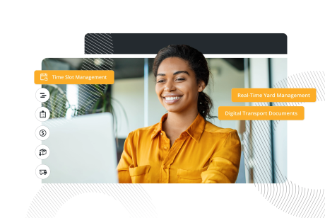 A smiling woman working on a laptop is surrounded by callout boxes highlighting logistics features like Time Slot Management, Real-Time Yard Management, and Digital Transport Documents.