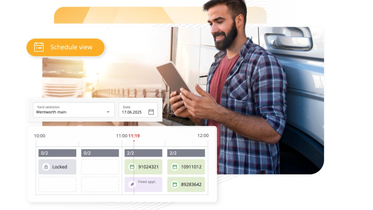 A smiling truck driver holding a tablet is overlaid with a "Schedule view" interface displaying a dock appointment timeline with various time slots and appointment statuses
