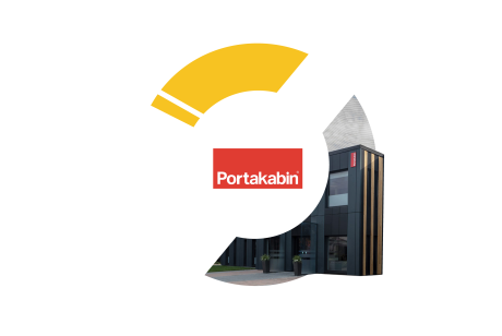 A modern black modular building with the red Portakabin logo is displayed within a stylized, circular graphic frame.