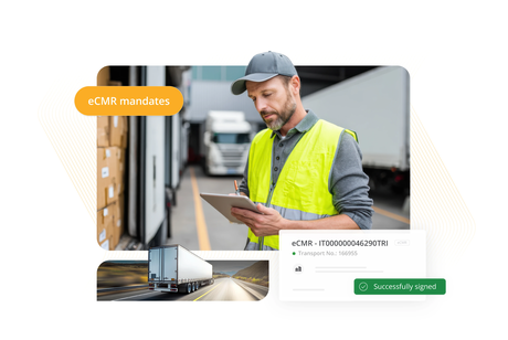 A logistics worker in a high-visibility vest uses a tablet to process an eCMR digital document next to a freight truck.