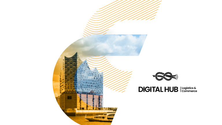 Ein Mann im Karohemd nutzt ein Tablet, überlagert von einer abstrakten Form mit einer Luftansicht geparkter LKWs und goldfarbenen Texturen.