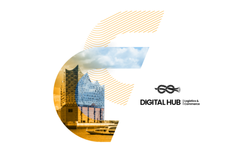 Logistik-Collage mit einem Mann mit Tablet und LKWs, gerahmt von einer Grafik neben dem Logo von Digital Hub Logistics & Commerce.