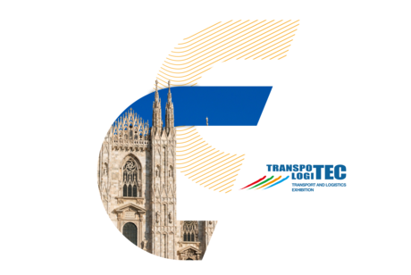 Elemento grafico con un ritaglio del Duomo di Milano all'interno di una forma a linee blu e arancioni, posizionato accanto al logo della fiera Transpotec Logitec.
