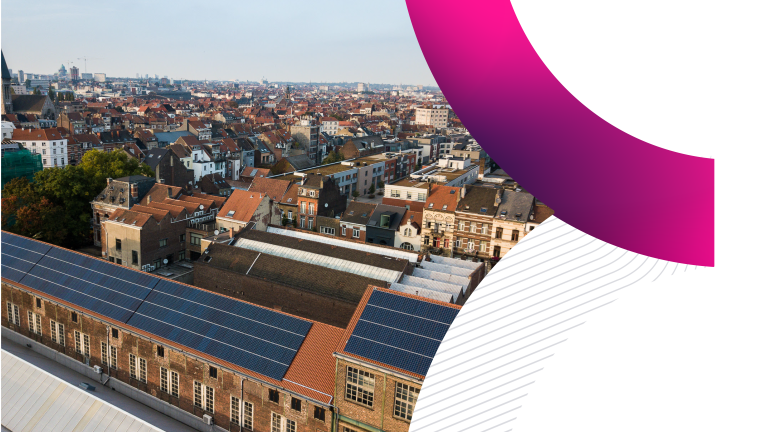Aerial cityscape view of a European city featuring historic brick rooftops and solar panels, framed by a magenta graphic overlay for the Transporeon Insight 2026 event.