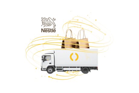 Nestlé logo above a delivery truck with Transporeon logo carrying shopping bags, with swirling yellow lines in the background, showcasing its seamless logistics in the FMCG sector.