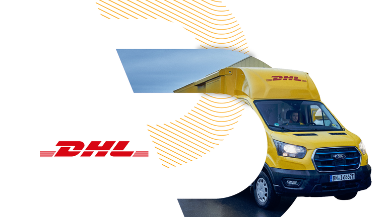 DHL delivery van graphic for ICT & Logistiek, highlighting logistics and transportation innovation.