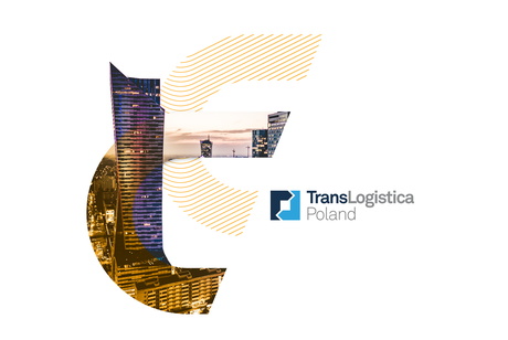 TransLogistica Poland event graphic featuring the Warsaw skyline for Transporeon logistics solutions.