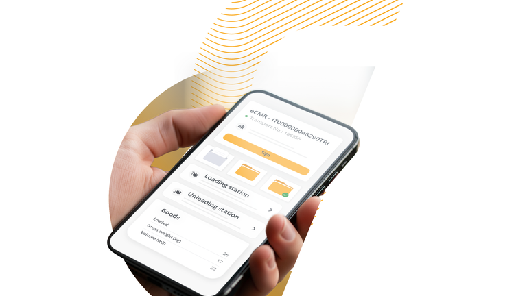 Mobile transport document interface showing loading, unloading and goods details for digital logistics management.