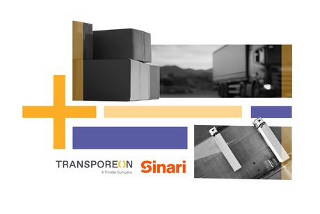 Collage logistique avec les logos Transporeon et Sinari, présentant des cartons de fret, un camion et une vue aérienne d'un quai de chargement.