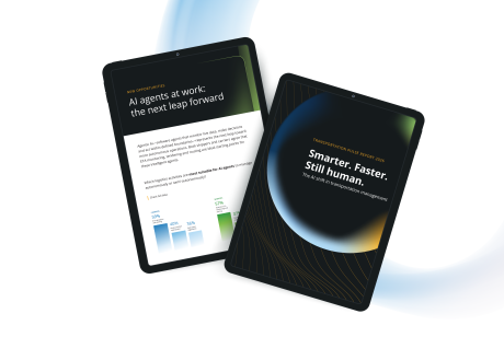 Two digital tablets displaying the "Transportation Pulse Report 2026," featuring a cover with the headline "Smarter. Faster. Still human." and an interior page analyzing "AI agents at work" with logistics data charts.