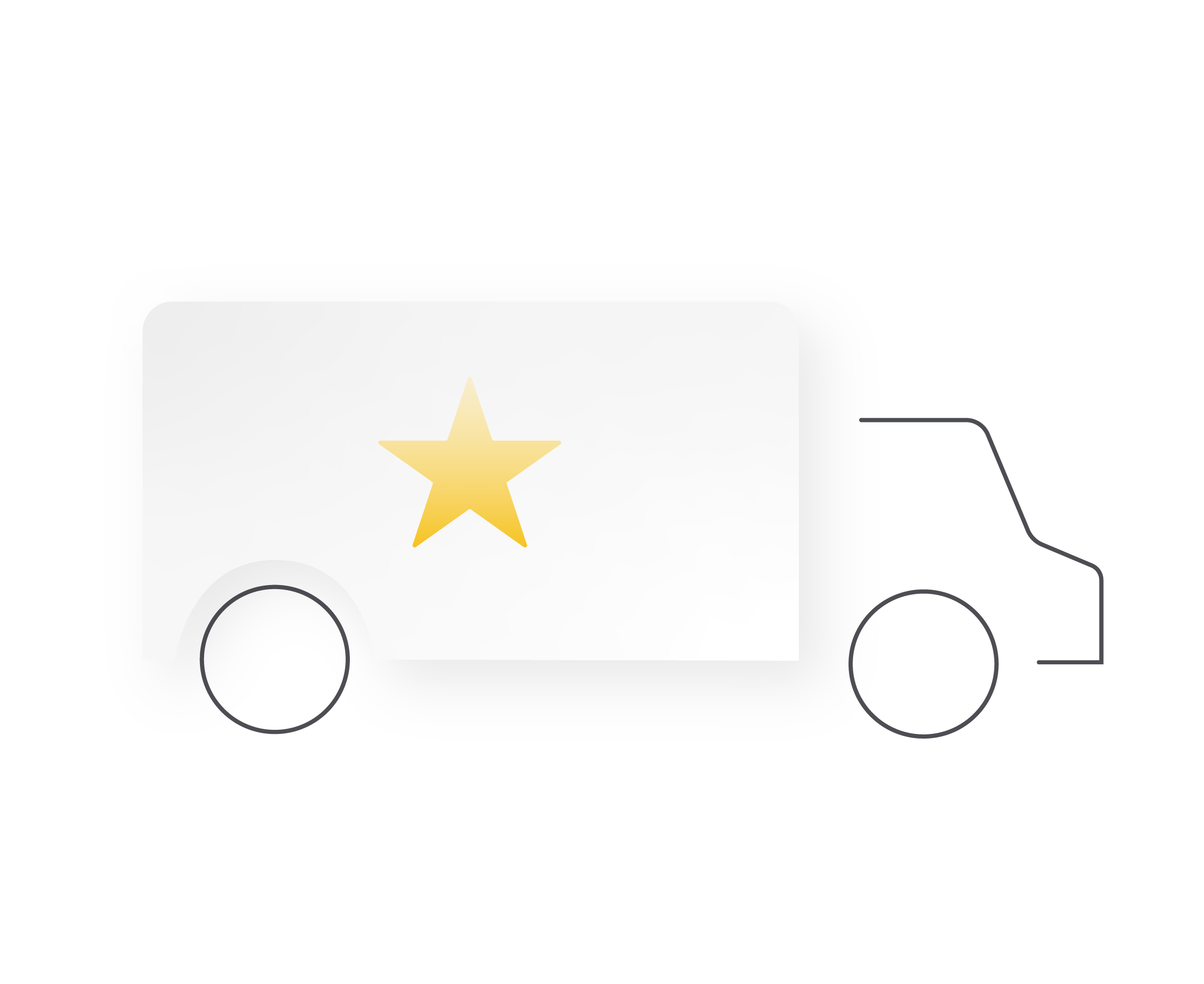 Icône simplifiée et stylisée représentant un camion, avec la cabine et les roues représentées par un contour gris et la remorque représentée par un rectangle gris clair uni avec une étoile jaune sur le côté.