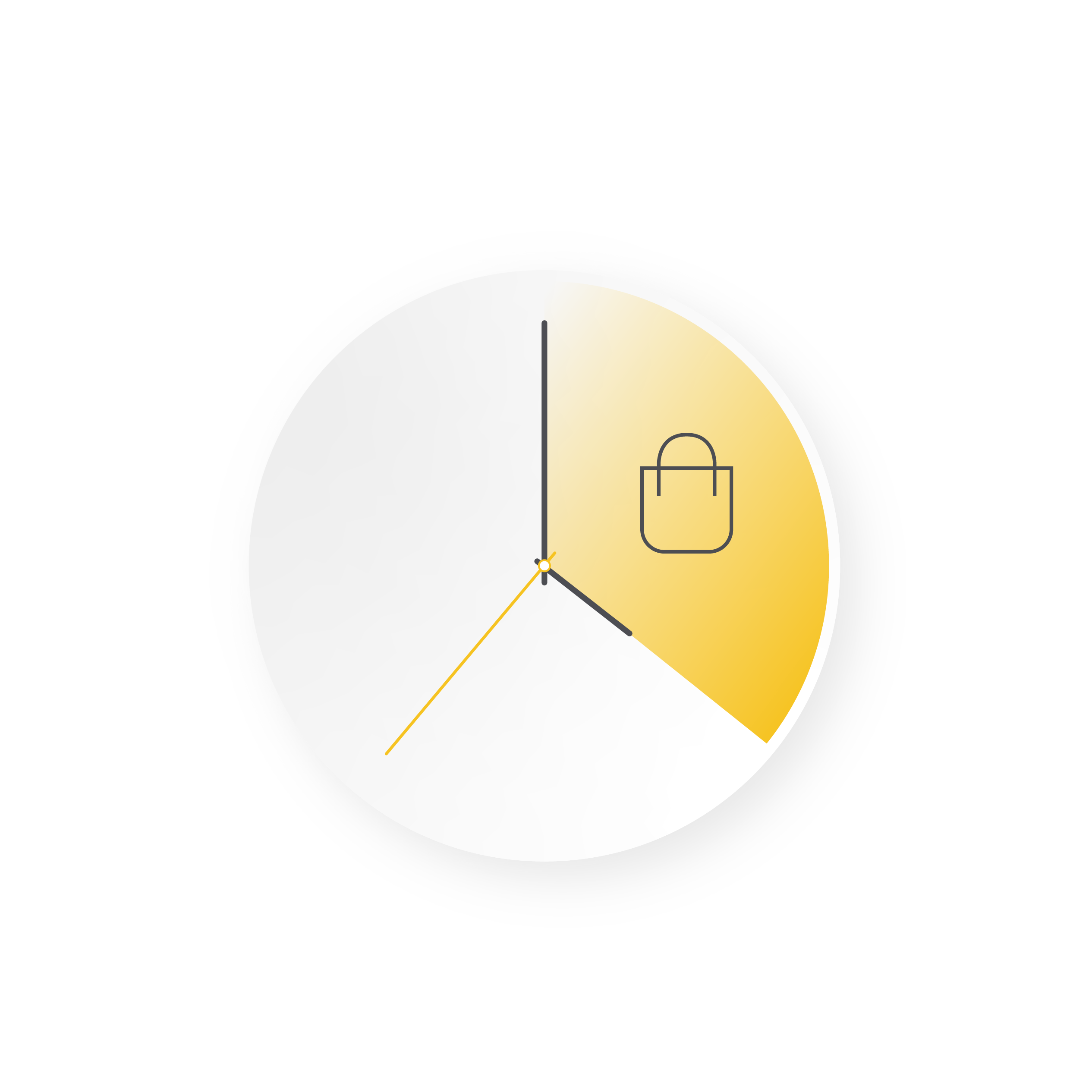Un graphique circulaire stylisé ressemblant à une horloge. Un segment ombré en jaune, de la position 12 heures à la position 4 heures, contient une icône linéaire simple représentant un sac de courses.