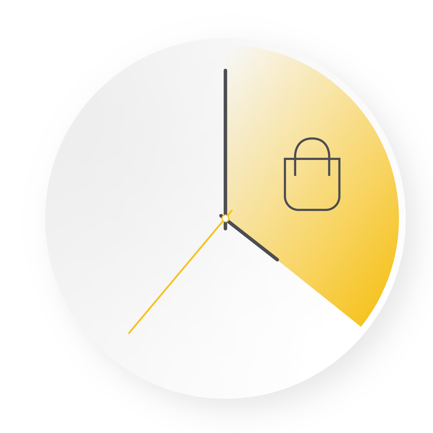 A stylized circular graphic resembling a clock. A yellow shaded segment, from the 12 o'clock to the 4 o'clock position, contains a simple line icon of a shopping bag.