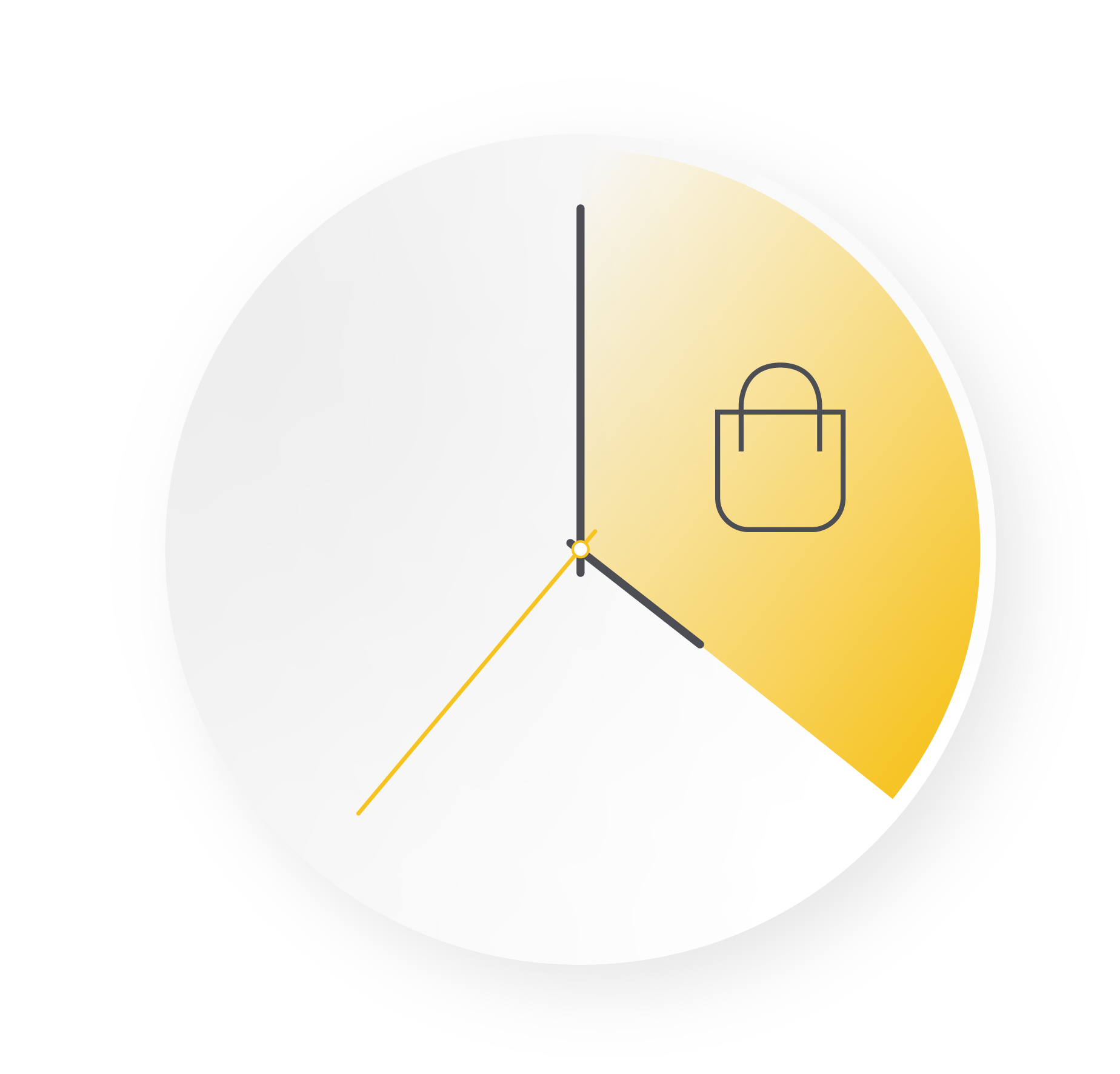 Eine stilisierte kreisförmige Grafik, die einer Uhr ähnelt. Ein gelb schattiertes Segment zwischen der 12-Uhr- und der 4-Uhr-Position enthält ein einfaches Liniensymbol einer Einkaufstasche.