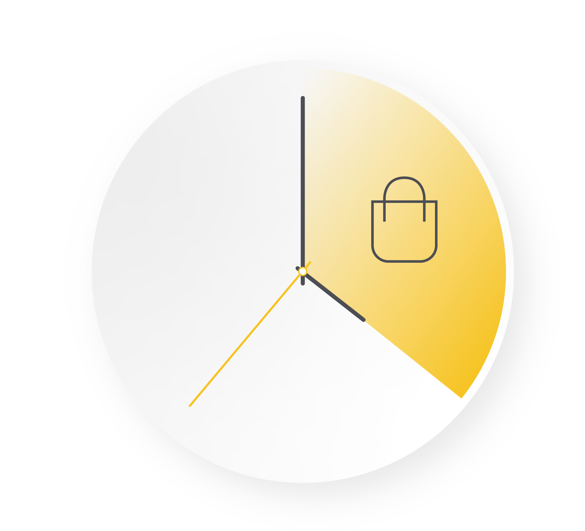 Un gráfico circular estilizado que se asemeja a un reloj. Un segmento sombreado en amarillo, desde la posición de las 12 hasta la de las 4, contiene un sencillo icono lineal que representa una bolsa de la compra.