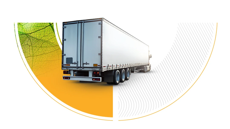 Semi-truck trailer next to green leaf background for road transport decarbonization.