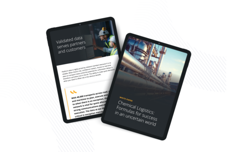 Two digital tablets displayed against a clean white background, showcasing the "Chemical Logistics" white paper cover and key text about risk management and network reliability.