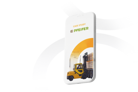 White smartphone mockup displaying a Pfeifer case study featuring a yellow forklift loading timber, against a dark background.