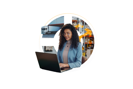 Woman working on a laptop with freight truck and warehouse imagery reflecting logistics operations