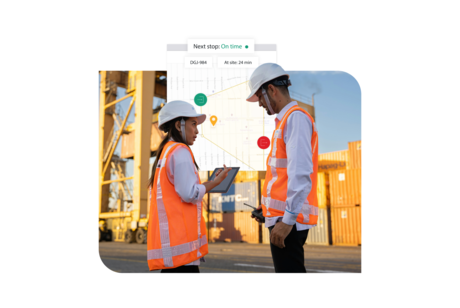 Dock scheduling assessment graphic showing two logistics workers at a container yard with a route status overlay indicating the next stop is on time.